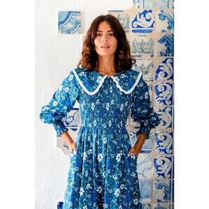 Pink city Prints Isabel Olive Smocked Bodice Cotton Dress XS/2